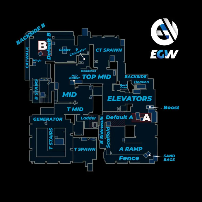 All callouts on the map Vertigo in CS:GO. Photo 1