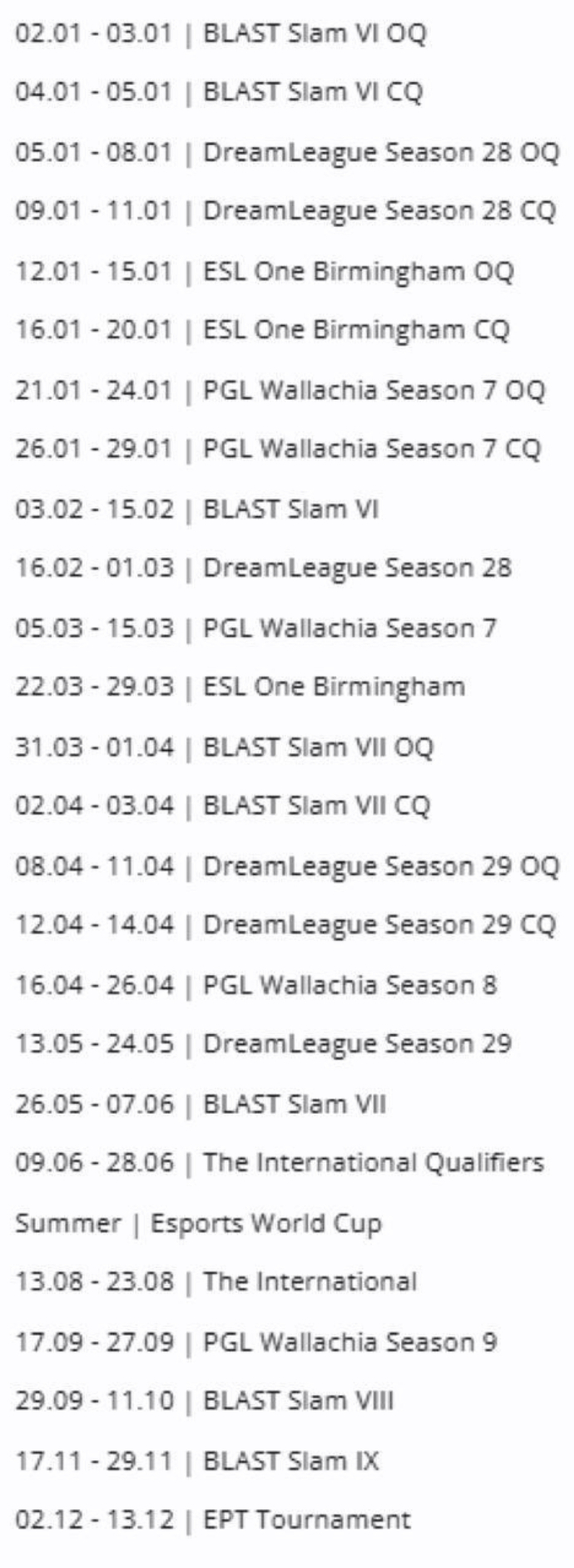 A lista de torneios de Dota 2 para 2026 foi anunciada.